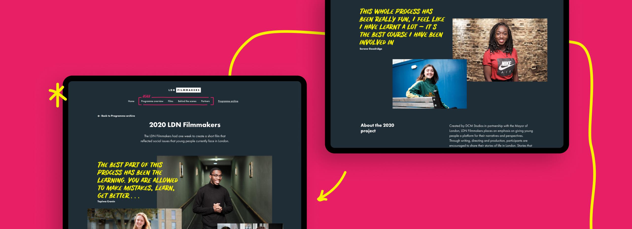 Two side by side mockups of the site in tablet devices on a pink background