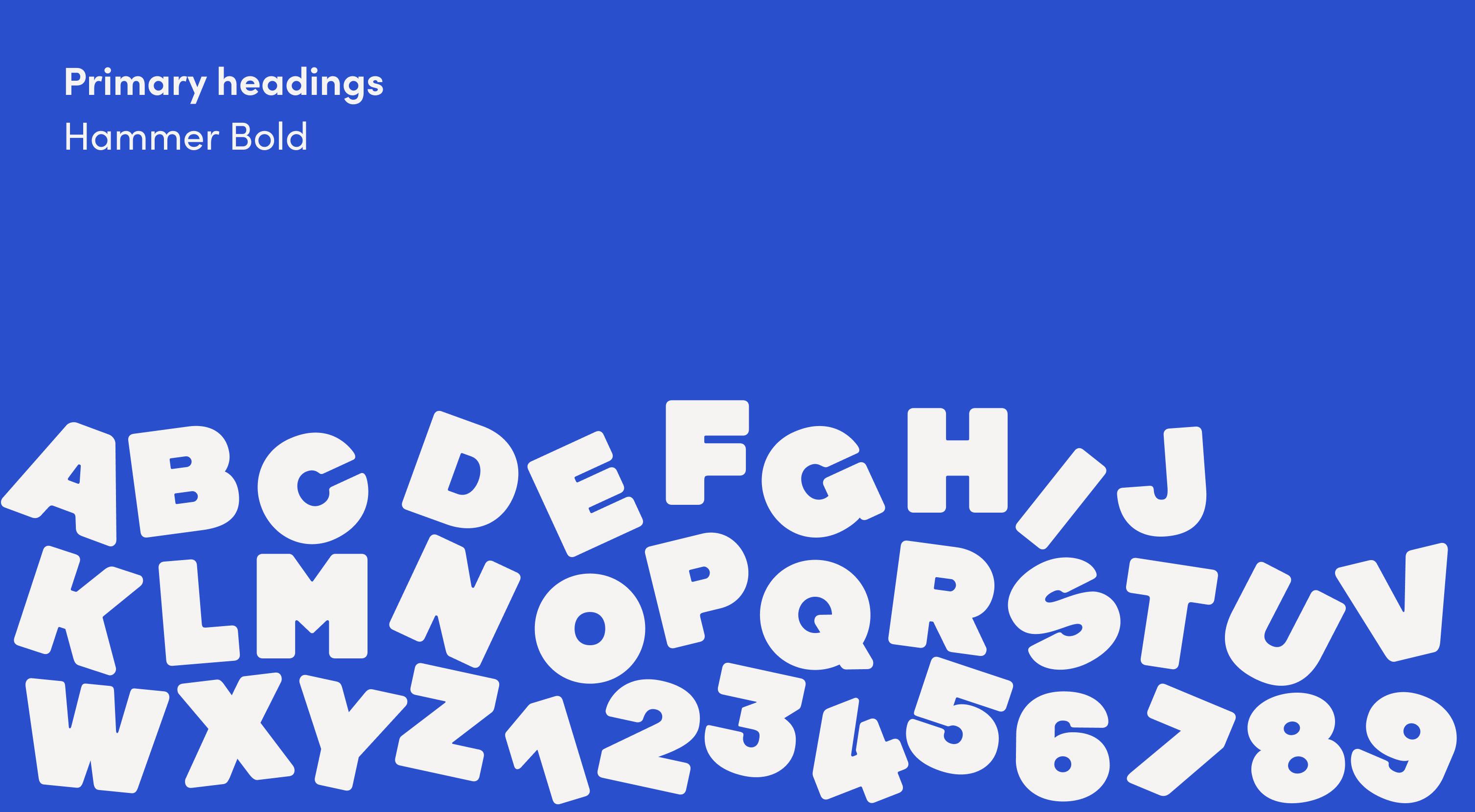 Letters appearing as if they've fallen randomly, set in the Hammer font which is all caps, bold and rounded.