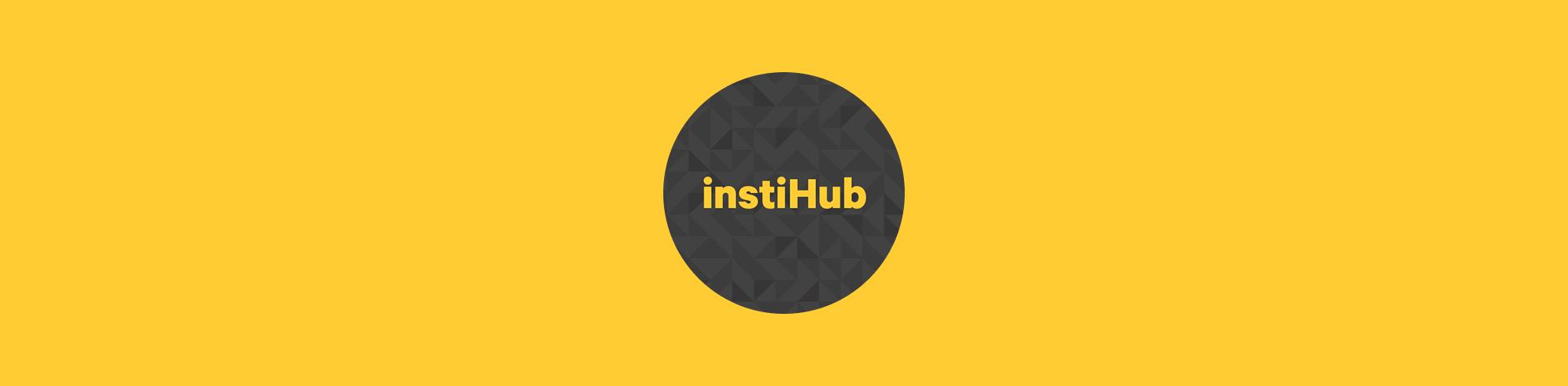 instihub logo in yellow on a black geometric textured background made of small triangles