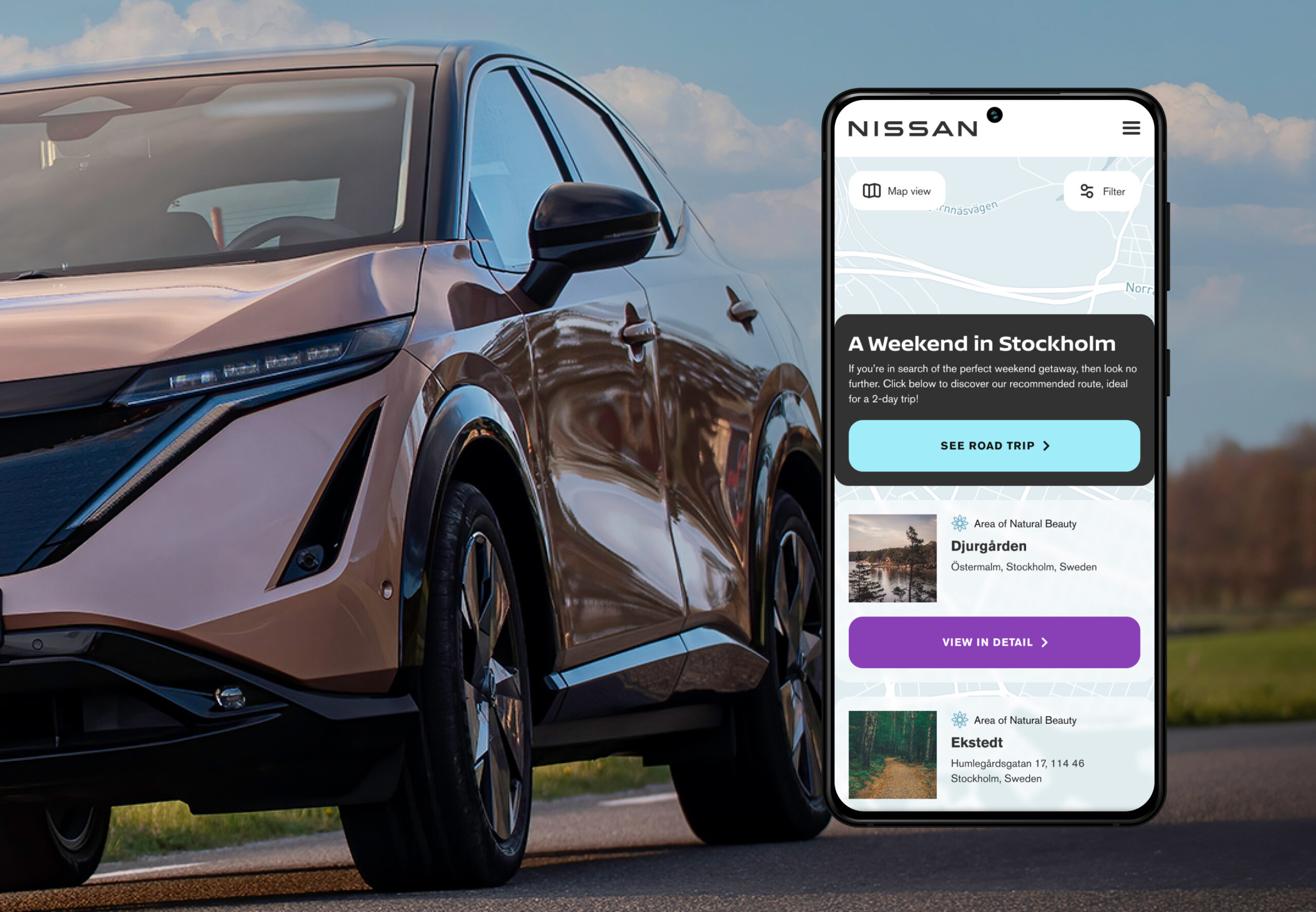 a screenshot of the mobile website in a phone with a photo of the nissan ariya in the background