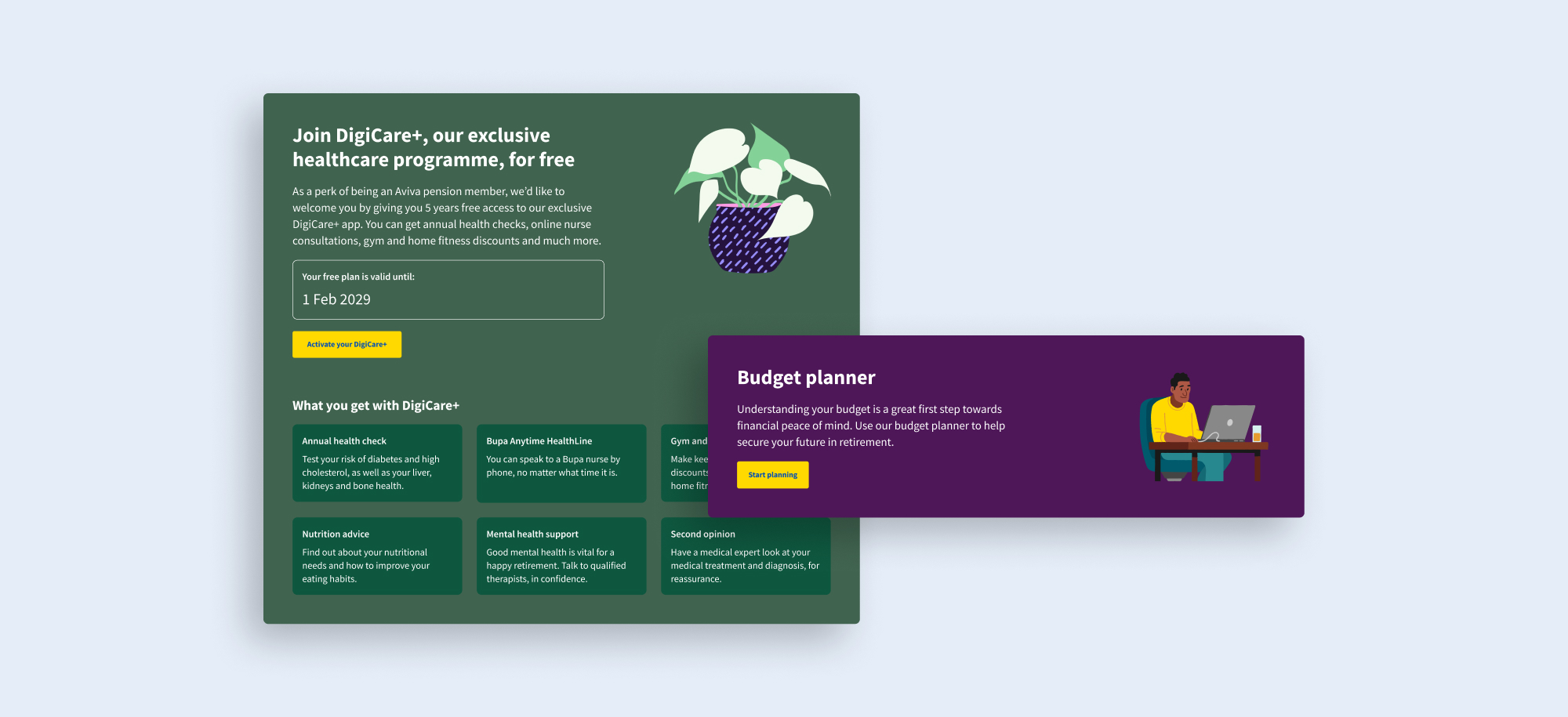 Modules from the product showing Digicare+ and the budget planner 