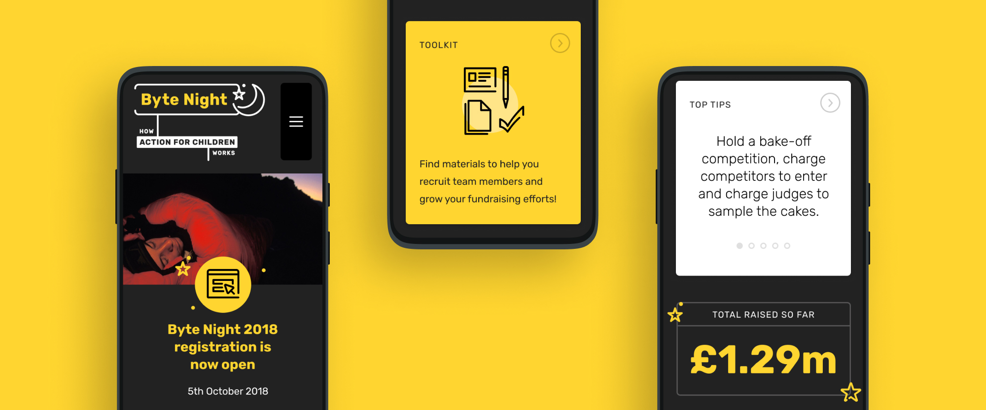 Mockups of pages from the Byte Night mobile website