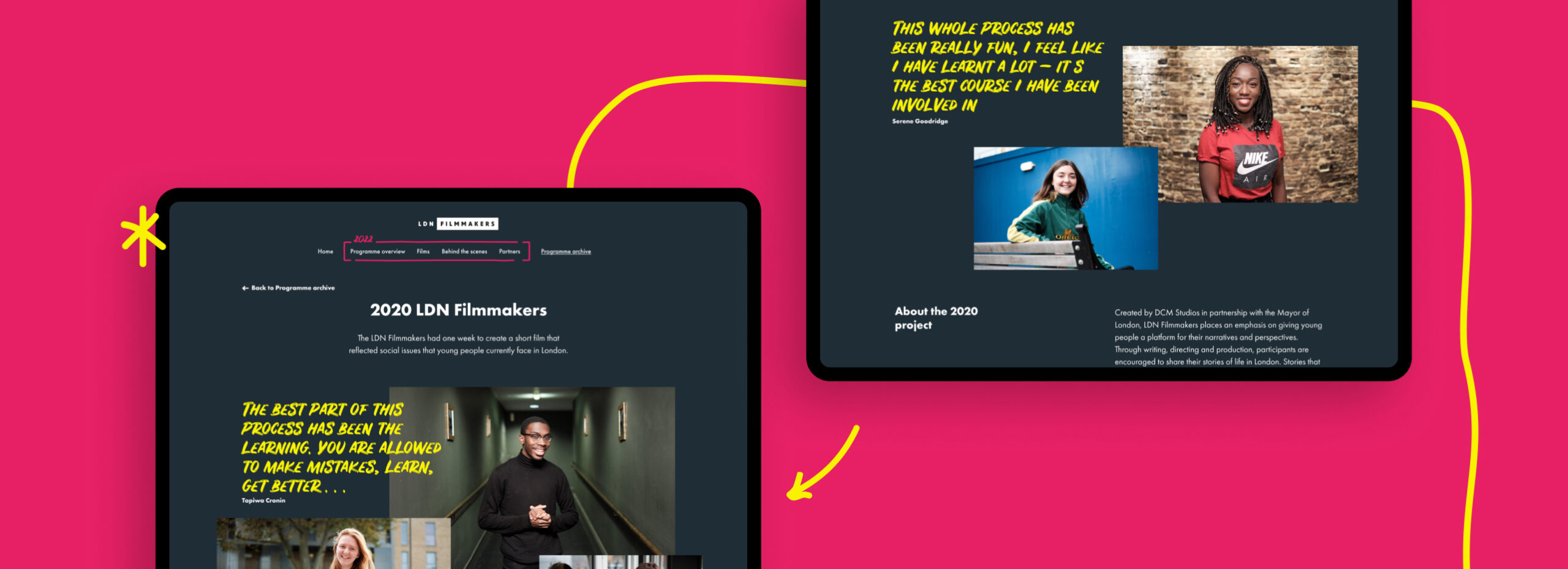 Two side by side mockups of the site in tablet devices on a pink background