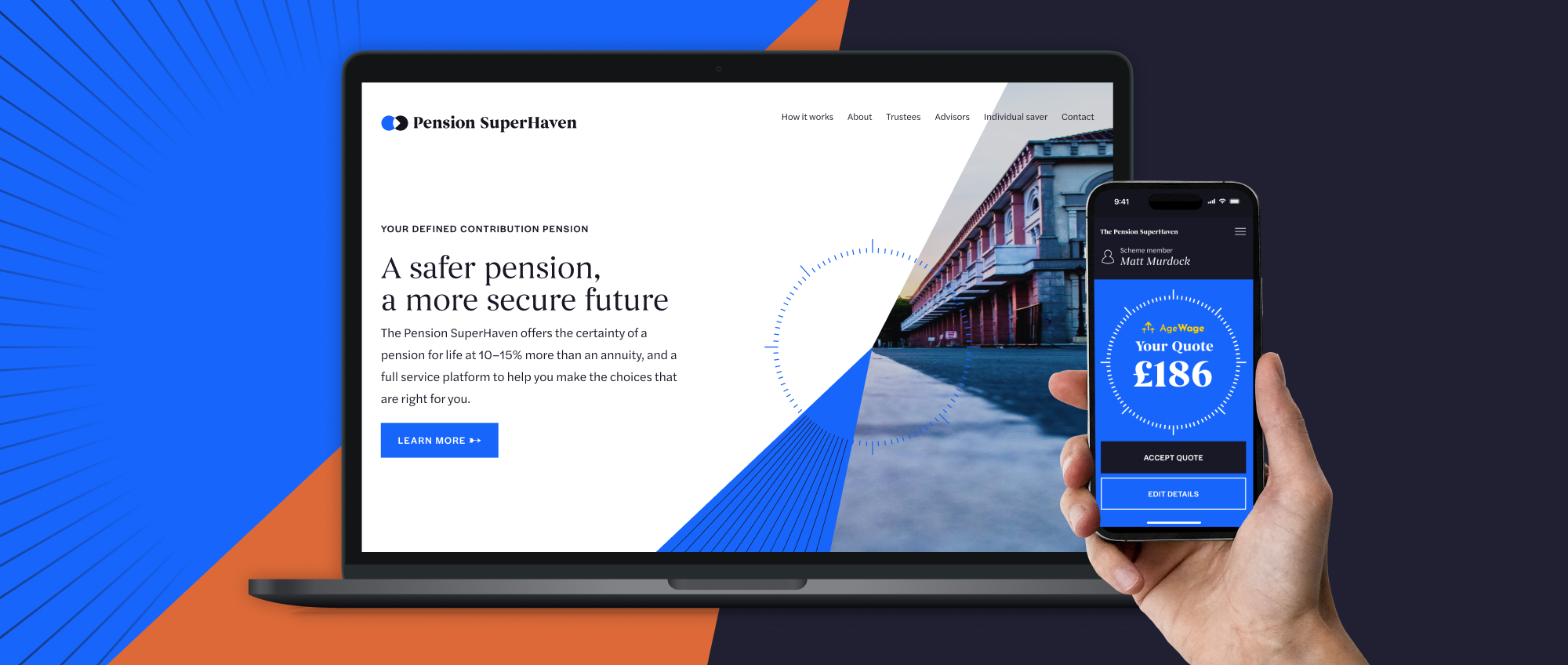 Mockup of the Pension SuperHaven website on a laptop and a phone 
