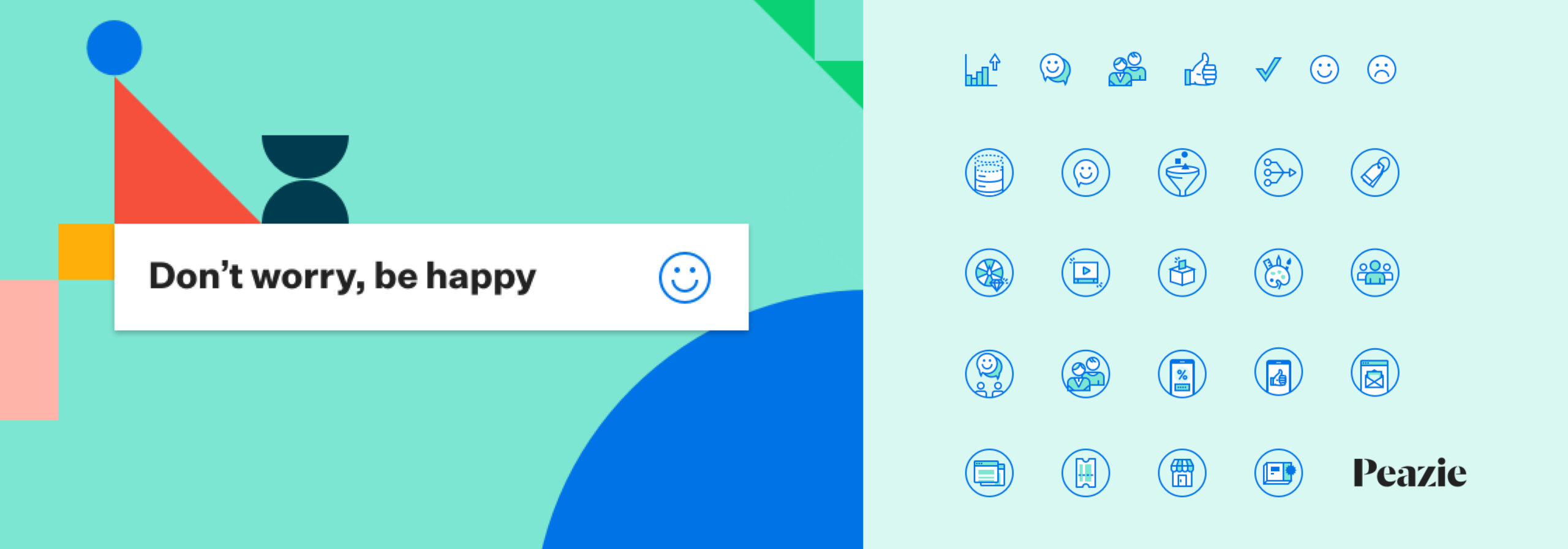 Image showcasing the colourful geometric images created for the brand look and feel. These shapes surround the words 'Don't worry, be happy' - celebrating the ethos of the brand. Next to this image is an image of the icons created for the Peazie brand