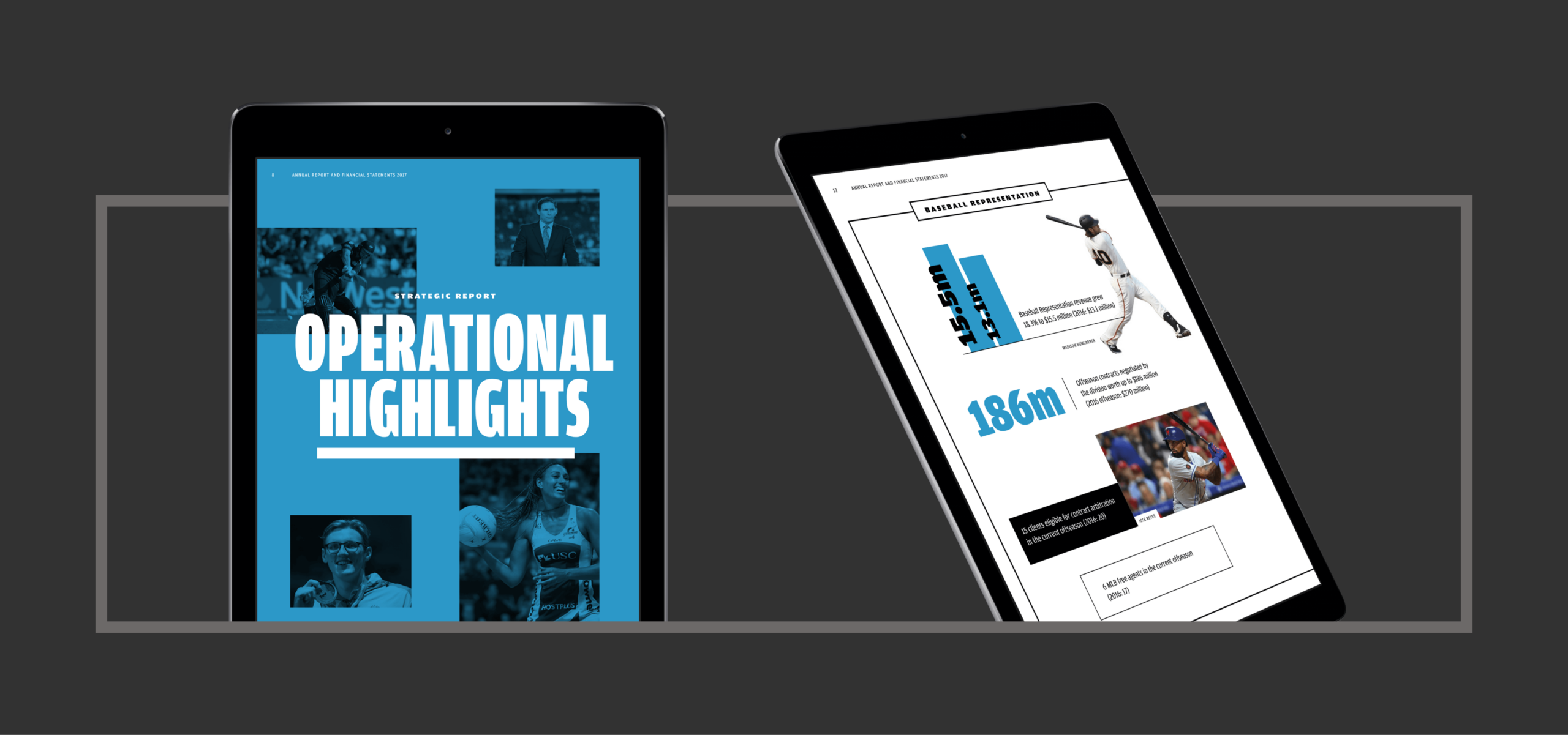 2 ipads detailing a cover of the annual report and a segment of the highlights area