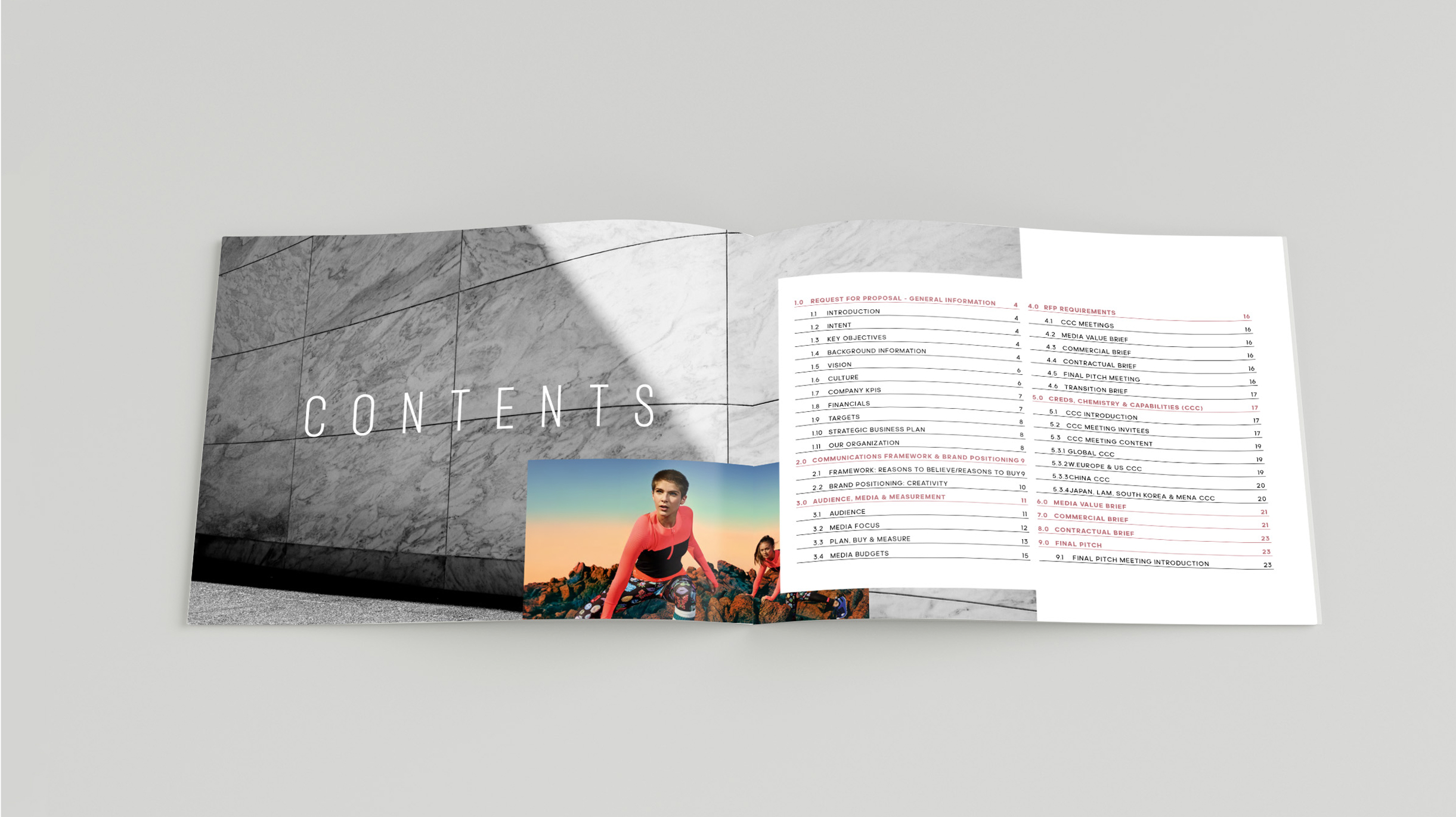 Printed magazine spread showing table of contents