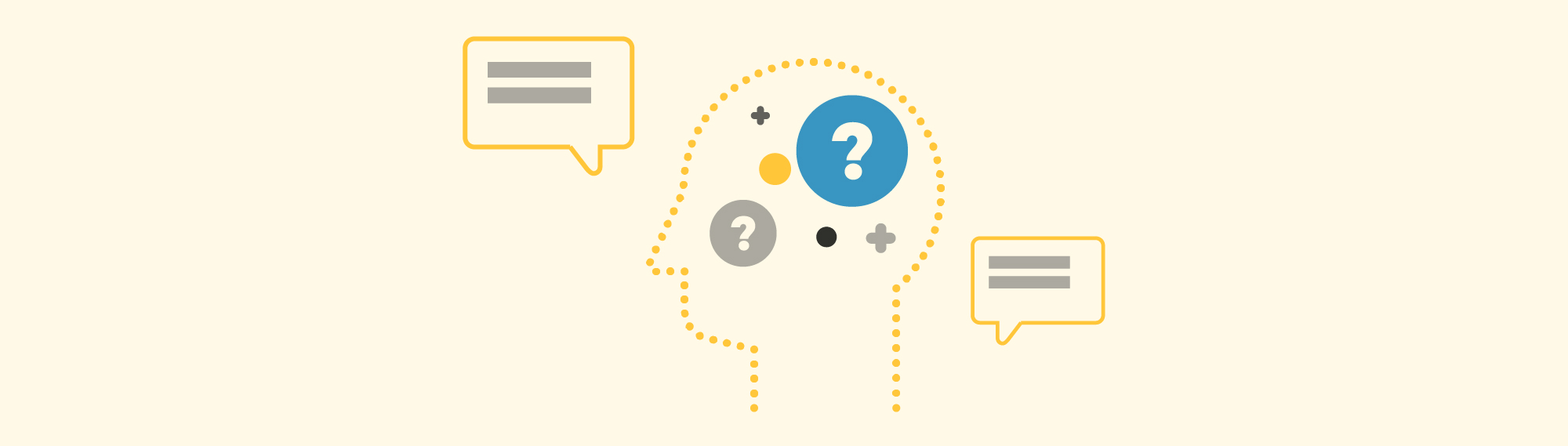 an illustration of a side profile of a head with some question marks inside and some speech bubbles on the outside