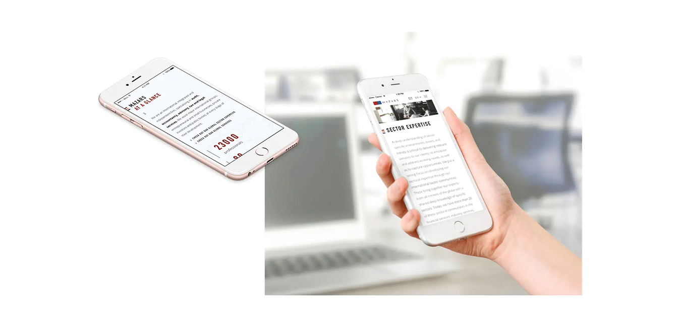 Mazars website mocked up on a two phones