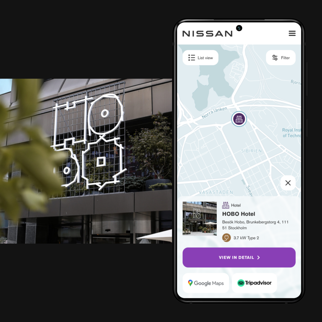 A map within a mobile phone screen with the location Hobo Hotel selected, next to an image of the exterior of Hobo Hotel.