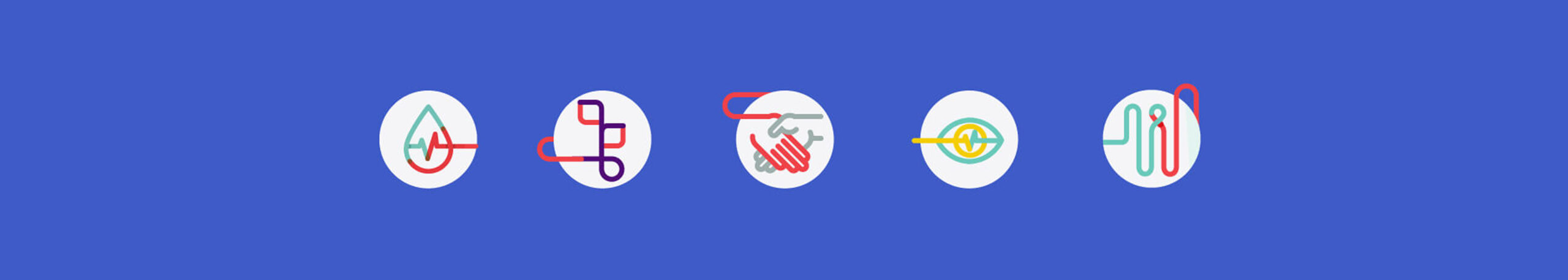 Icons depicting a blood drip, a plant, a handshake, an eye, and an IV. All in the brand style.