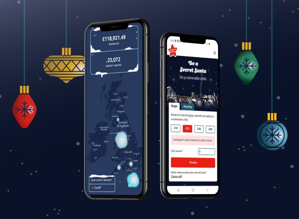 two mobile phones showing examples of the secret santa digital campaign surrounded by illustrated hanging baubles