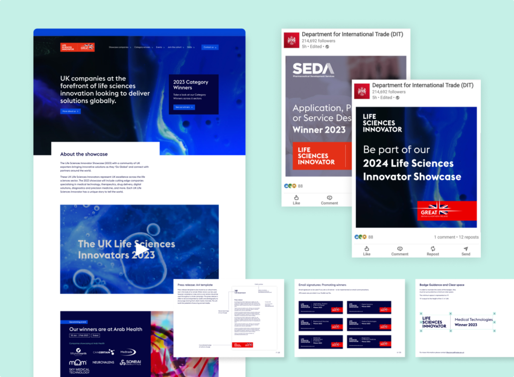website homepage and two social posts showing life science innovators
